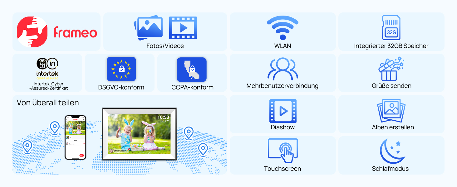 Цифрова фоторамка Frameo 10.1 дюймів WLAN, Full HD IPS сенсорний екран 1280x800, 32GB пам'ять, автоматичний поворот, можливість монтажу на стіну, керування через додаток Frameo (Чорна з білою рамкою)