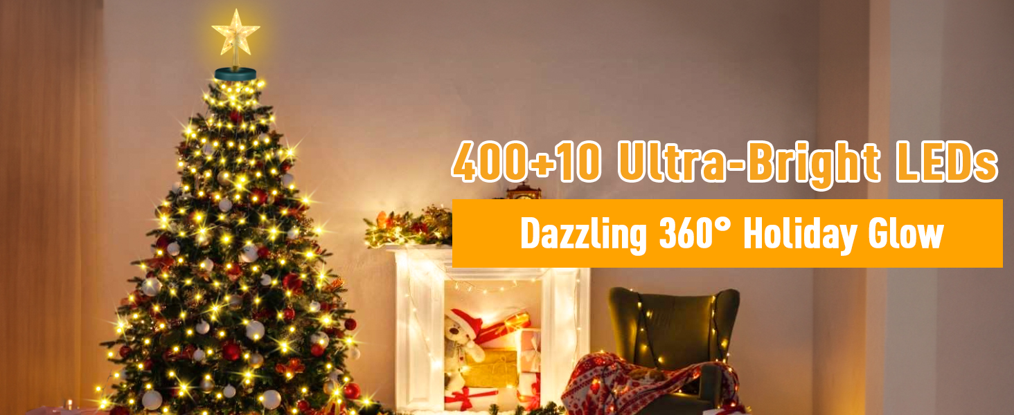 Світлодіодна гірлянда для ялинки з кільцем та зіркою, 400 LED вогнів, теплий жовтий колір, для дерева 150-240 см