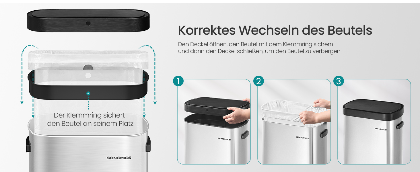 SONGMICS Відро для сміття з сенсором, автоматичне, 50 л, відкриття рухом руки або дотиком, Softclose-кришка, сталь, з 15 мішками для сміття, LTB640B02 (металік срібло + чорний)