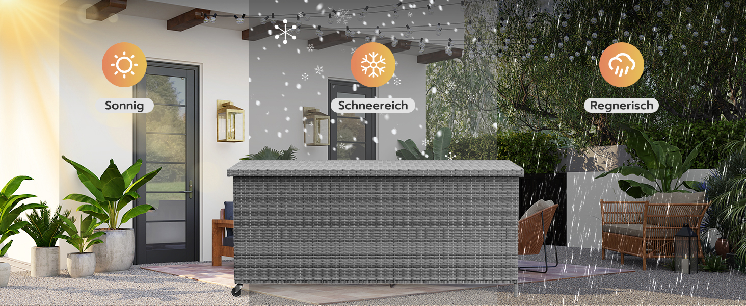 Водонепроникний садовий ящик для зберігання UDPATIO 480л з колесами, сірий 138x61 см | Ящик для подушок, стійкий до УФ-випромінювання та погодних умов для саду, балкону