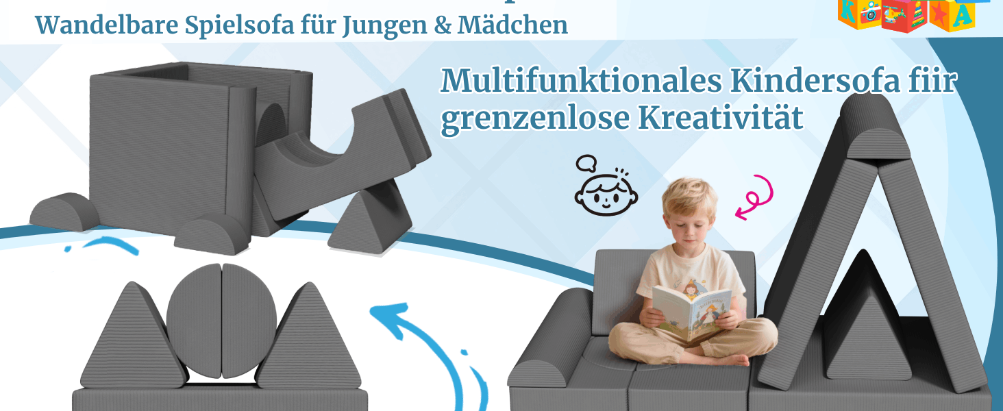 Модульна дитяча кушетка-конструктор MAMIZO Spielsofa Cord, 15 елементів, сірий колір. Кушетка для ігор та відпочинку, екологічна тканина Oeko-Tex, для дитячої кімнати.