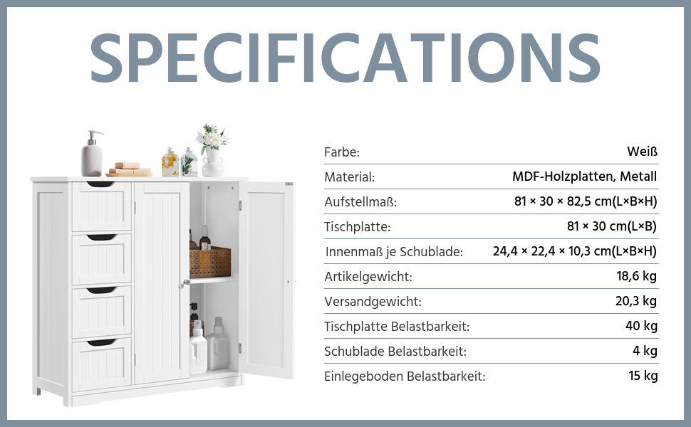 Шафа для ванної кімнати Yaheetech з 4 висувними ящиками та 2 дверцятами, тумбочка для ванної кімнати, шафа для підлоги, з регульованою полицею, для ванної кімнати, вітальні, коридору, кухні, білий, 81 × 30 × 83 см