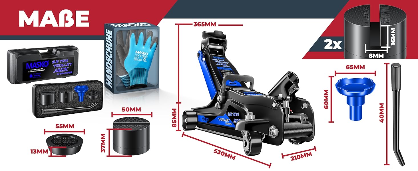 Гідравлічний домкрат MASKO 3T з низьким профілем (85-460 мм) для авто, SUV. З гумовими накладками, роликами 360°, рукавичками. Підставка для ремонту, синій.