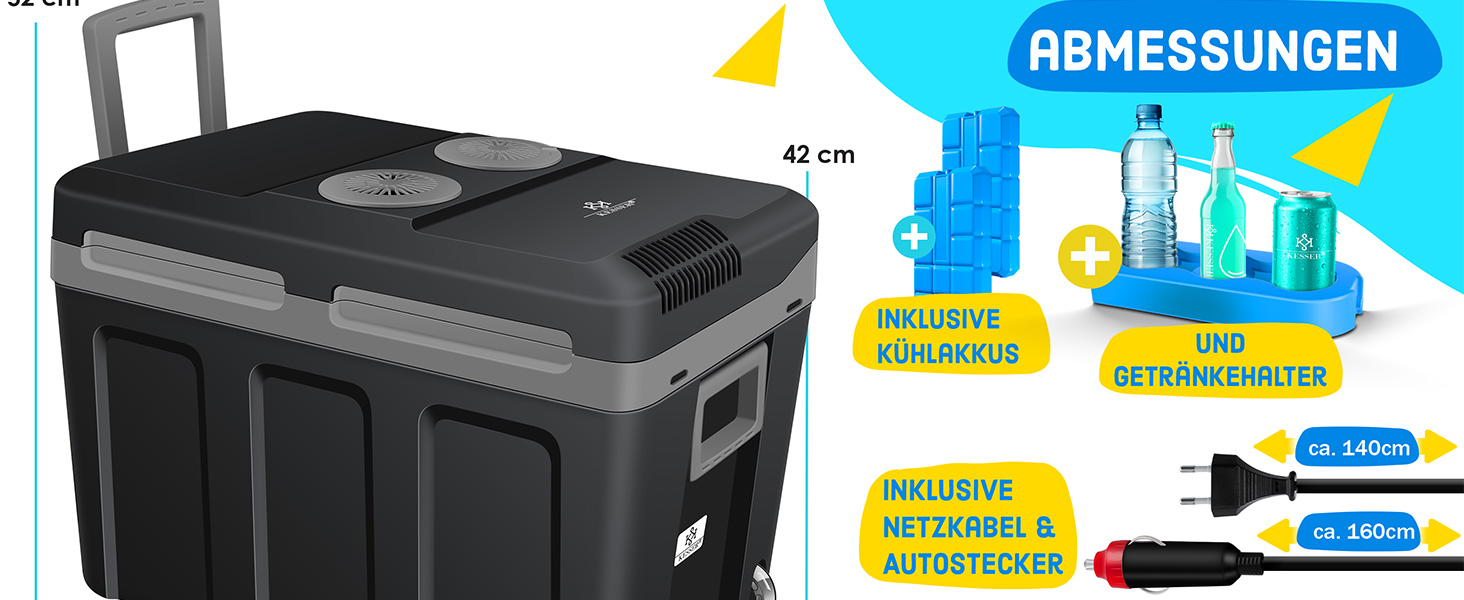 Термобокс KESSER® 40L з колесами | Холодильник-грілка 12/230V | Для авто, човна, кемпінгу | З акумуляторами холоду та тримачами для напоїв (Чорний/Сірий)