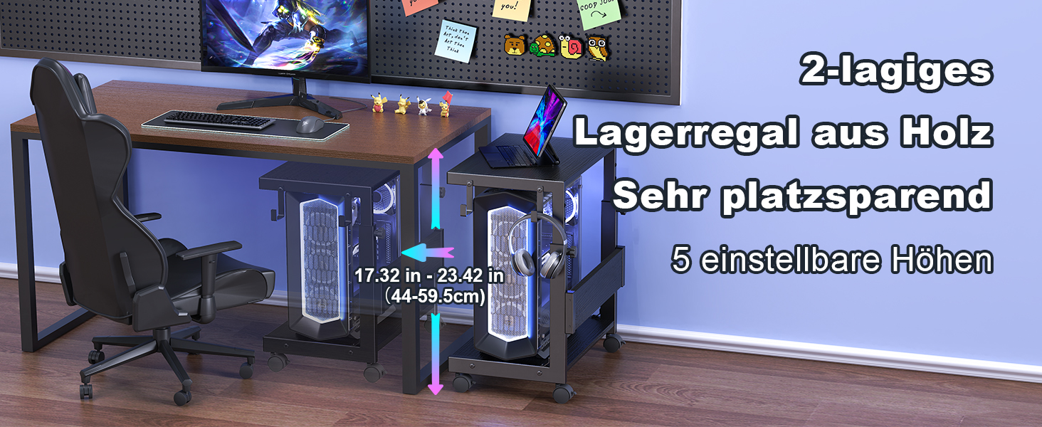 Регульована підставка для комп'ютера Tower, чорна, 44x30x44-59.5 см з ATX корпусом та місцем для зберігання