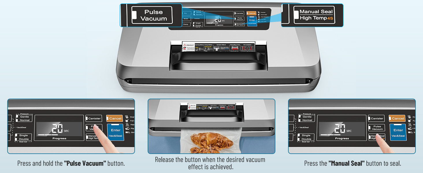 Професійний вакууматор для продуктів 12-в-1, 95кПа, з функцією безперервного вакуумування та подвійним швом, сріблястий (комплект: 1 рулон та 10 пакетів)