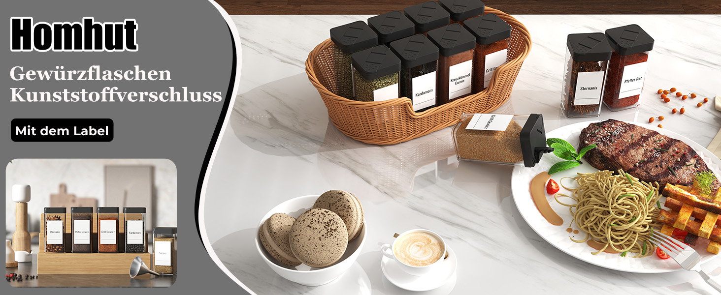 Набір баночок для спецій кутовий 12 шт. 120 мл з кришкою, чорний, з дозатором та 120 етикетками