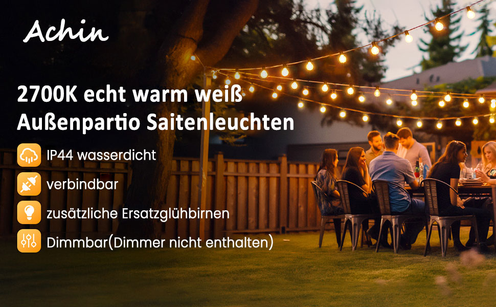 LED гірлянда на 15 метрів, тепле біле світло 2700K, 25+2 лампочки G40 E12, димер, для зовнішнього використання, сад, вечірка, тераса