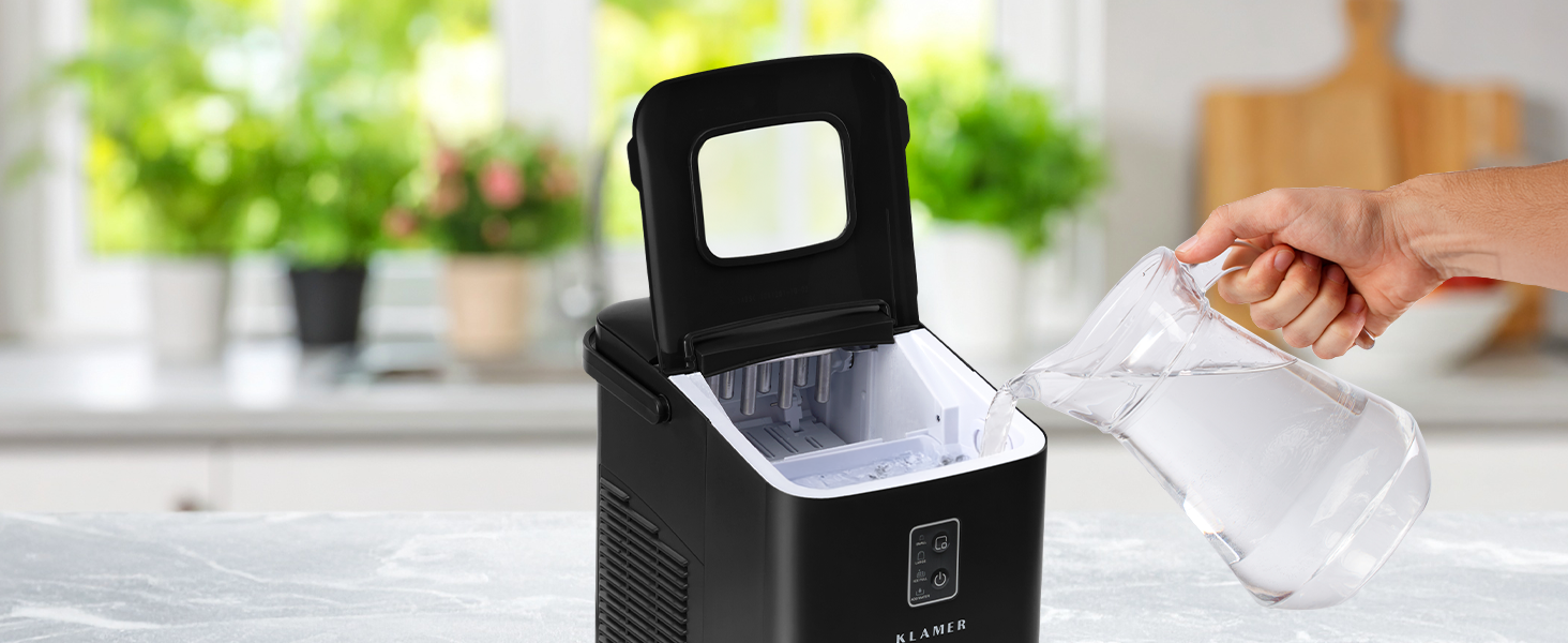 Льодогенератор KLAMER 24 кг/добу, 3 розміри кубиків льоду, 2.2л резервуар, 130W, тихий, чорний