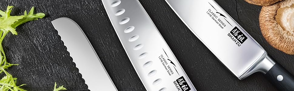 Набір кухонних ножів SHAN ZU з бруском, 14 предметів. Професійний німецький набір ножів для кухні з бруском, дерев'яний, сріблястий.
