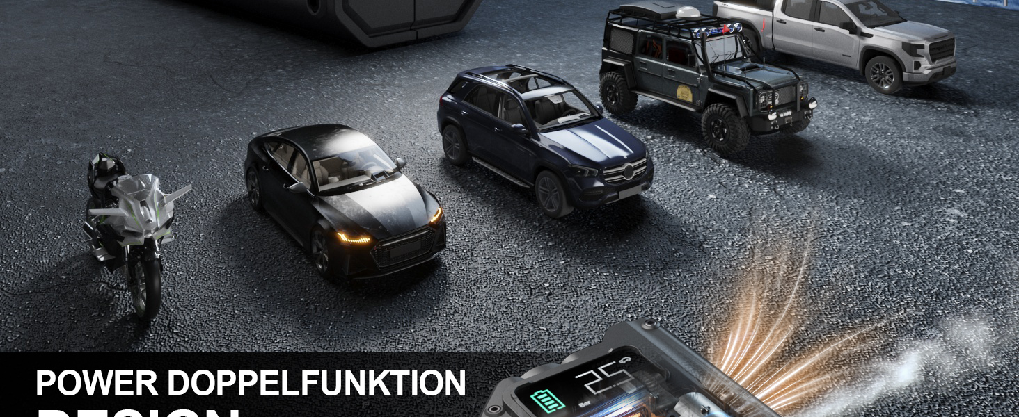 Powerbank з компресором Starthilfe 6500A: автостартер 12V для легкових автомобілів з повітряним насосом, бустер-акумулятор (для 9.0L бензину/8.5L дизеля) з пусковими кабелями, LED ліхтар 500 люмен (чорний), піковий струм 6500A