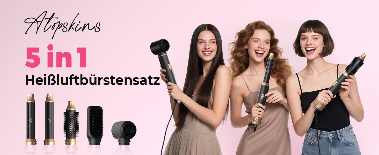 Набір для укладки волосся Atopskins 5-в-1: Фен-щітка, випрямляч, плойка, насадки для об'єму та локонів (Чорний)