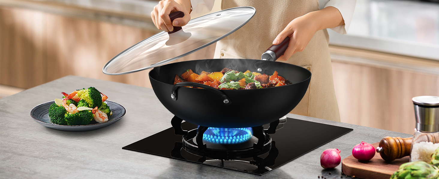 Вок Jobin 32 см з вуглецевої сталі з кришкою, дерев'яним та сталевим ручками, для приготування азійських страв (3-5 осіб), сумісний з Induktion, електро та газовими плитами - Чорний