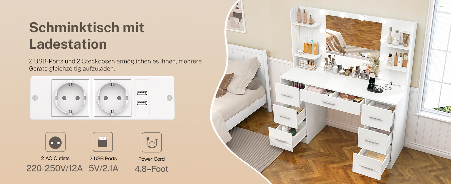 Дзеркальний туалетний столик TEENFON з LED-підсвіткою, 7 ящиками та 4 відкритими полицями, білий