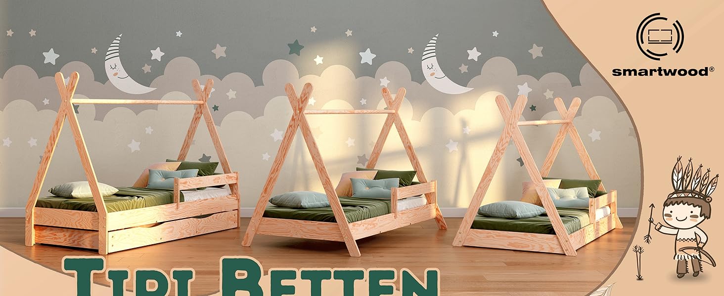Дерев'яне ліжко-дитячий будиночок Smartwood 90x200 - Монтессорі Tipi F з сосни з сертифікатом FSC, захист від падіння та ламелі до 230 кг для хлопчиків та дівчаток, проста збірка, ліжко на підлозі