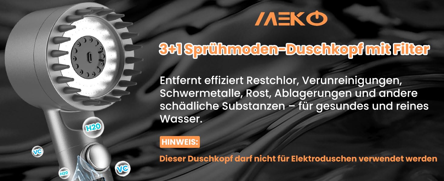 Фільтр-лійка для душу MEKO з високим тиском, ручна насадка з 15-шаровою системою фільтрації, шланг 1,5 м, 3 режими, економна водою, видаляє хлор, жорстку воду, важкі метали (сріблястий)
