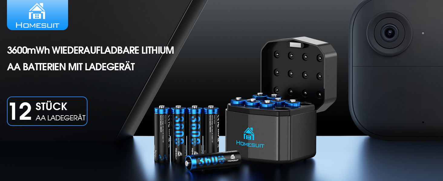 Набір акумуляторів Homesuit AA 1.5V 3600mWh (12 шт.) літієві перезарядні батарейки з пристроєм швидкої зарядки для іграшок, фотокамер та електроніки