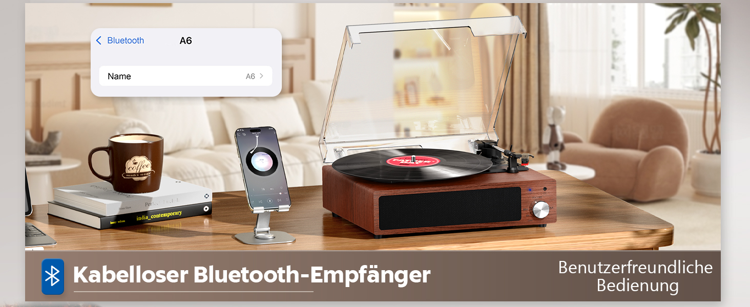 Вініловий програвач FYDEE з Bluetooth, ретро-програвач пластинок із вбудованими стереодинаміками, 3 швидкості (33/45/78 об/хв), RCA-вихід, AUX-вхід, корпус з горіха