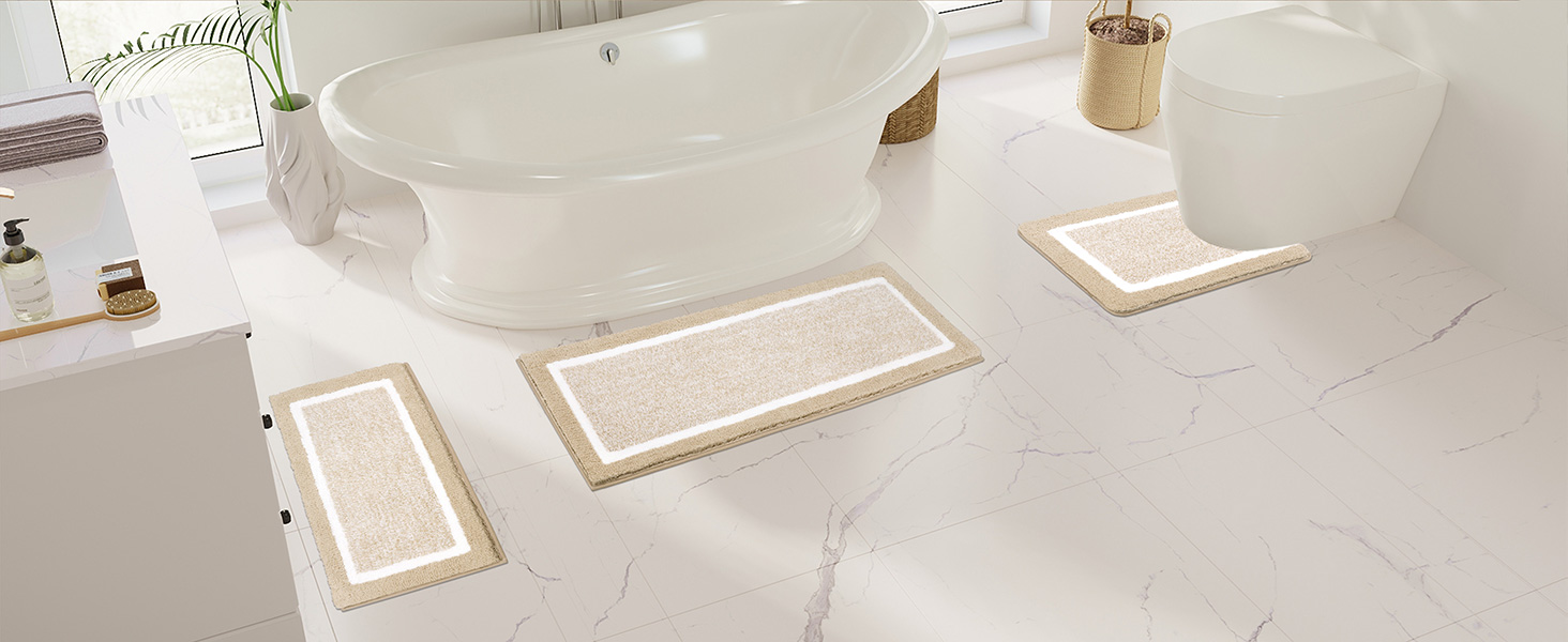Набір килимків для ванної кімнати Pauwer: м'який килимок з високим ворсом, килимок для душу, килимок для туалету, машинне прання, антиковзаючі, (бежевий, 45 x 65 + 45 x 120 + 50 x 60 см)