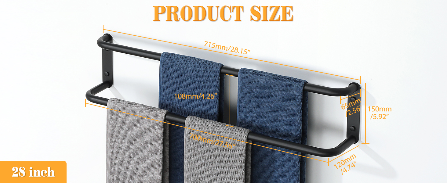 Тримач для рушників подвійний, нержавіюча сталь 304, 40 см, чорний. Настінний тримач для рушників у ванну та кухню. Набір для ванної кімнати