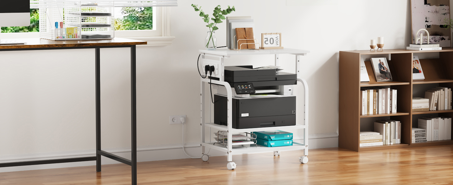 Тристопельний стіл для принтера з розеткою та USB-портами, регульовані полиці, роликовий стійка для дому/офісу, для 3D/лазерного друку, термопреса (білий, 60 см)