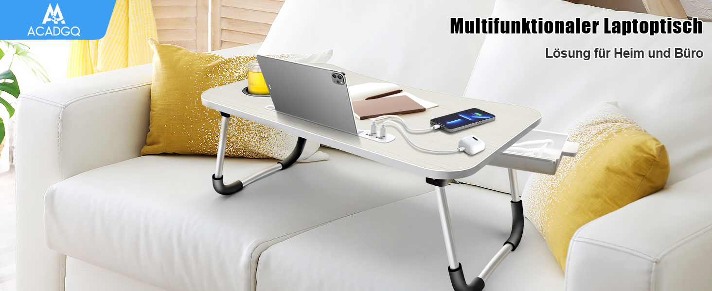 Стіл для ноутбука в ліжко/на диван, складаний, з USB-портами, ящиком та підставкою для планшета (60 x 40 см, білий)