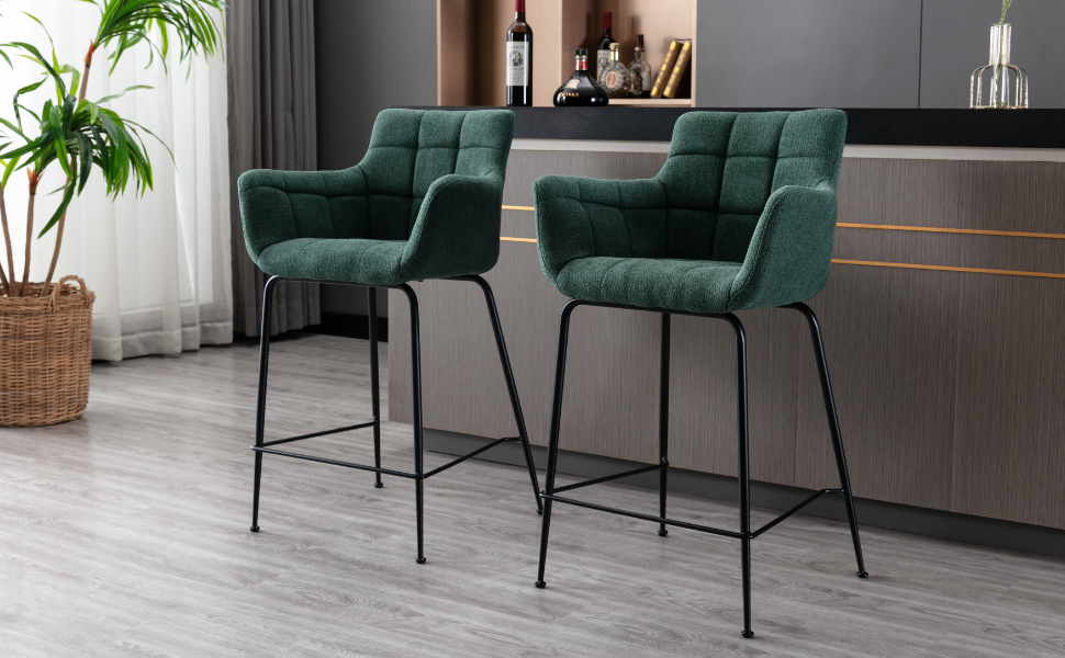 Набір з 2 барних стільців, сучасний дизайн, металеві ніжки, м'яке сидіння з фroté, вигнута спинка, для кухні, кафе, бістро, їдальні, зелений