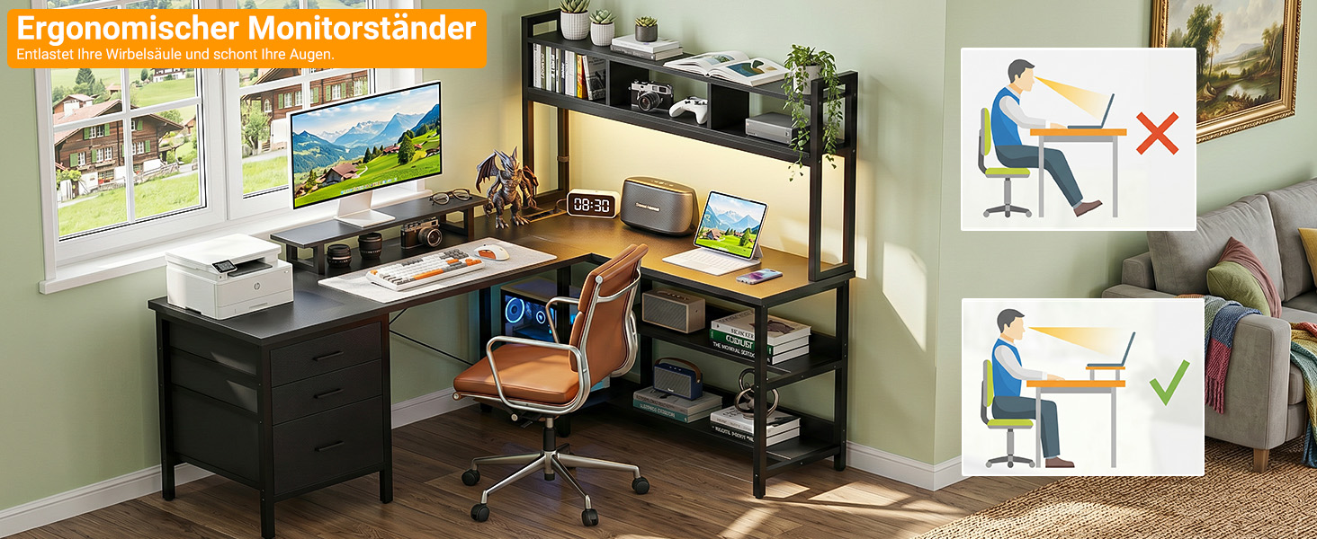 Кутовий L-подібний письмовий стіл Homieasy 150 см з LED-підсвіткою, шухлядою, USB та Type-C розетками, підставкою для монітора та полицею А4, чорний, МДФ