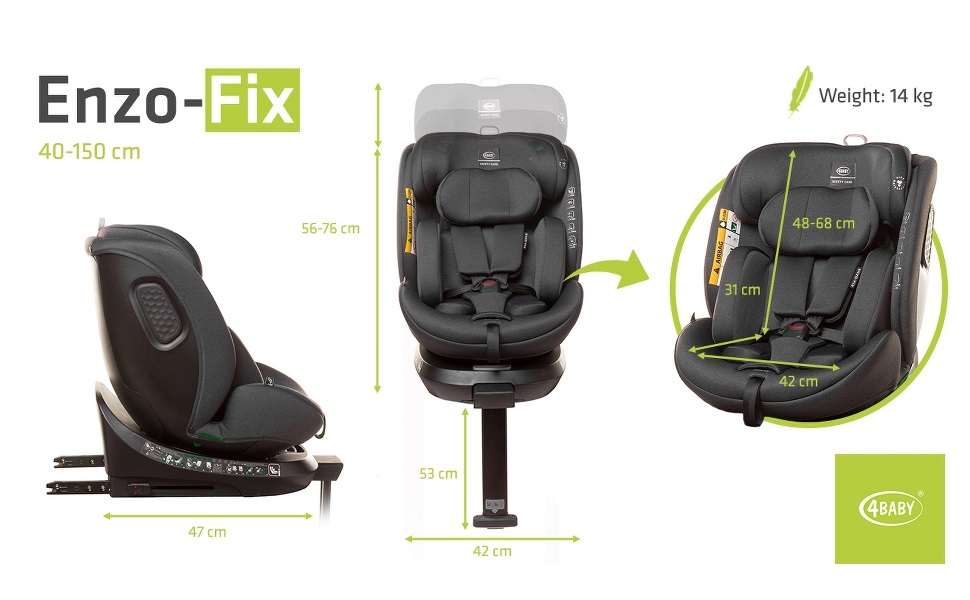 Дитяче крісло ENZO-FIX на 360 Isofix зі стабілізуючою ніжкою, I-Size з додатковим бічним захистом (темно-зелений)