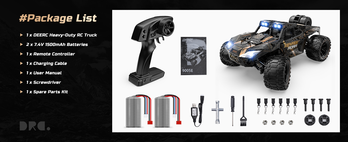 Радіокерований позашляховик DEERC 1:14 40 км/год, RC-трак 4x4 2.4 ГГц з LED-фарами, 2 акумулятори, іграшка для хлопчиків