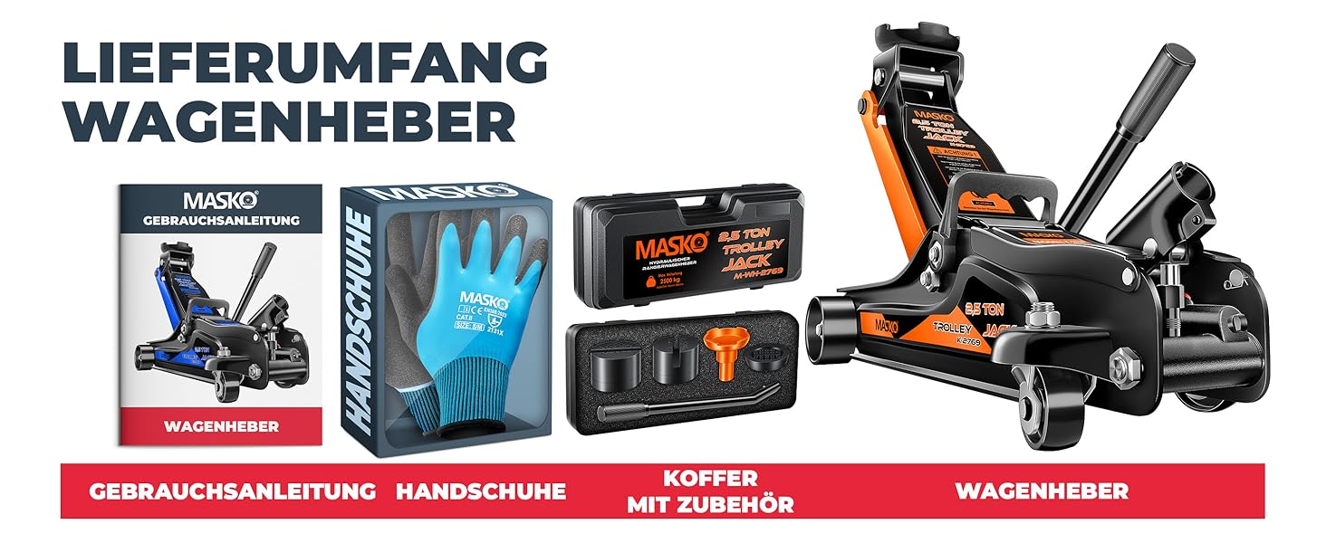 Гідравлічний домкрат MASKO 3T з низьким профілем 85-460мм, 3 гумові накладки, для автомобілів SUV, 360° колеса, рукавички в комплекті, підставка для ремонту (до 2.5 тонн, помаранчевий)