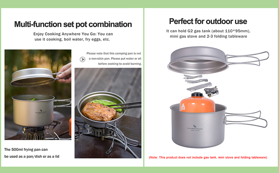 Набір кухонного посуду iBasingo Titan Topf Pfanne Set 1200мл & 500мл: каструля, сковорода, миска для кемпінгу, туризму, приготування їжі на природі. Легкий набір з 2 шт. з розкладним ручками. Ідеально для 1 особи. Ti2110C