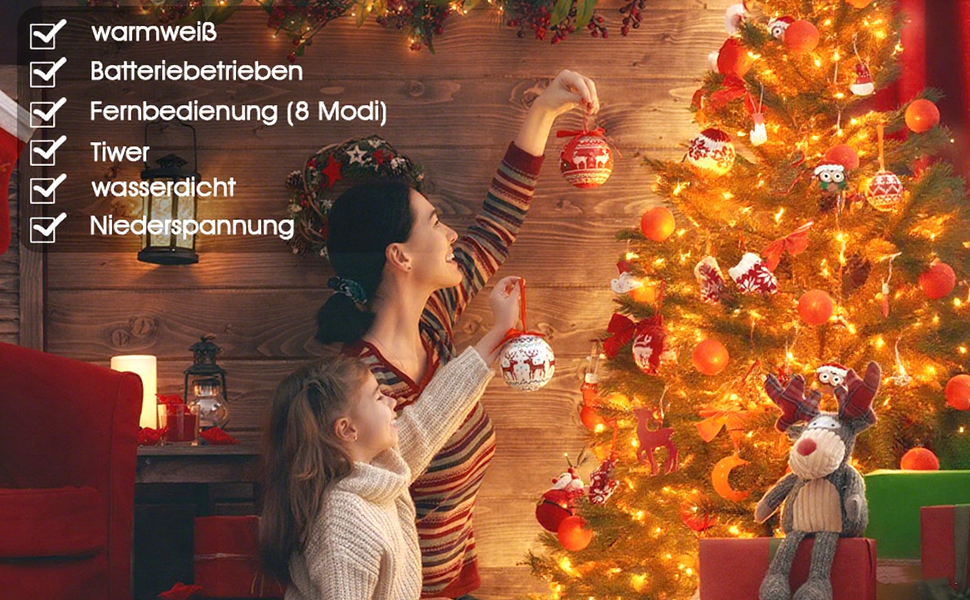 Ланцюжок прикрас з LED-підсвічуванням на батарейках, 100 LED, 10 м, 8 режимів, пульт дистанційного керування, таймер, теплий білий, димування, вологостійкий, для прикрашання, 4 шт.