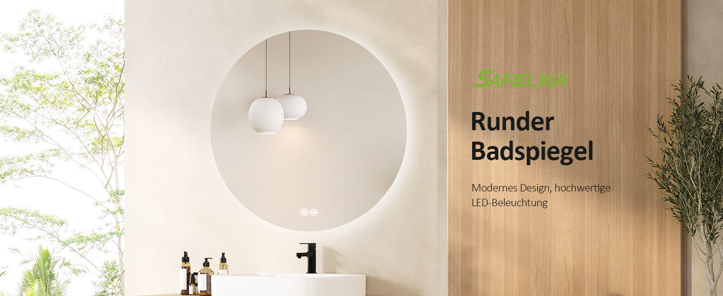 Круглий дзеркало для ванної кімнати з підсвічуванням S'AFIELINA 60 см LED з сенсорним вимикачем, 3 кольори світла (теплий, нейтральний, холодний), регулювання яскравості, 60x60 см