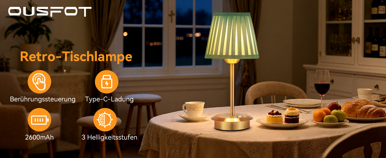 Настільна лампа OUSFOT бездротова, 3 режими яскравості, золота, вінтажний дизайн з абажуром для вітальні, кабінету, спальні, їдальні
