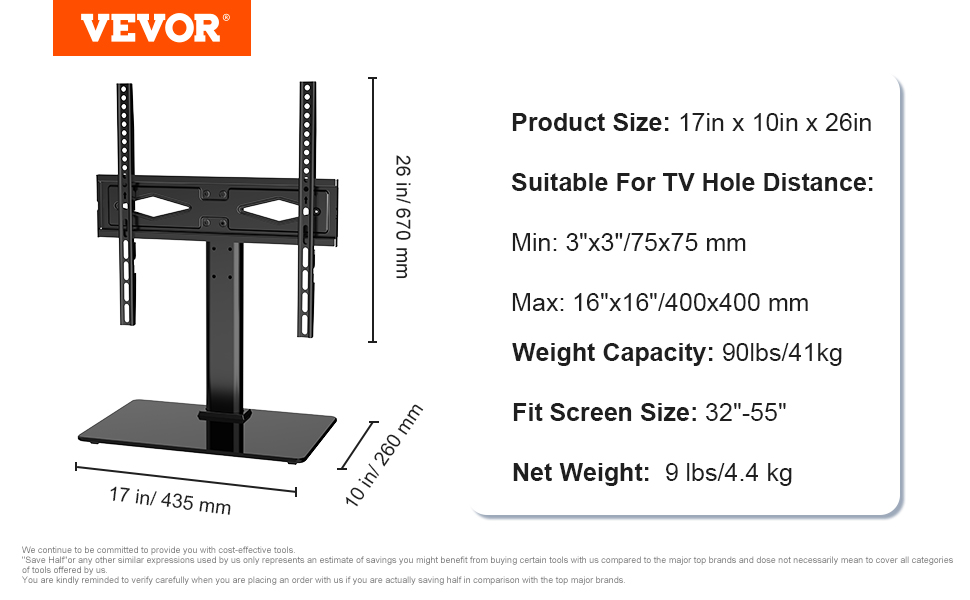 Стійка для телевізора VEVOR поворотна підлогова 32-85 дюймів, чорна. Регульована висота, скляна база. Для вітальні, спальні.