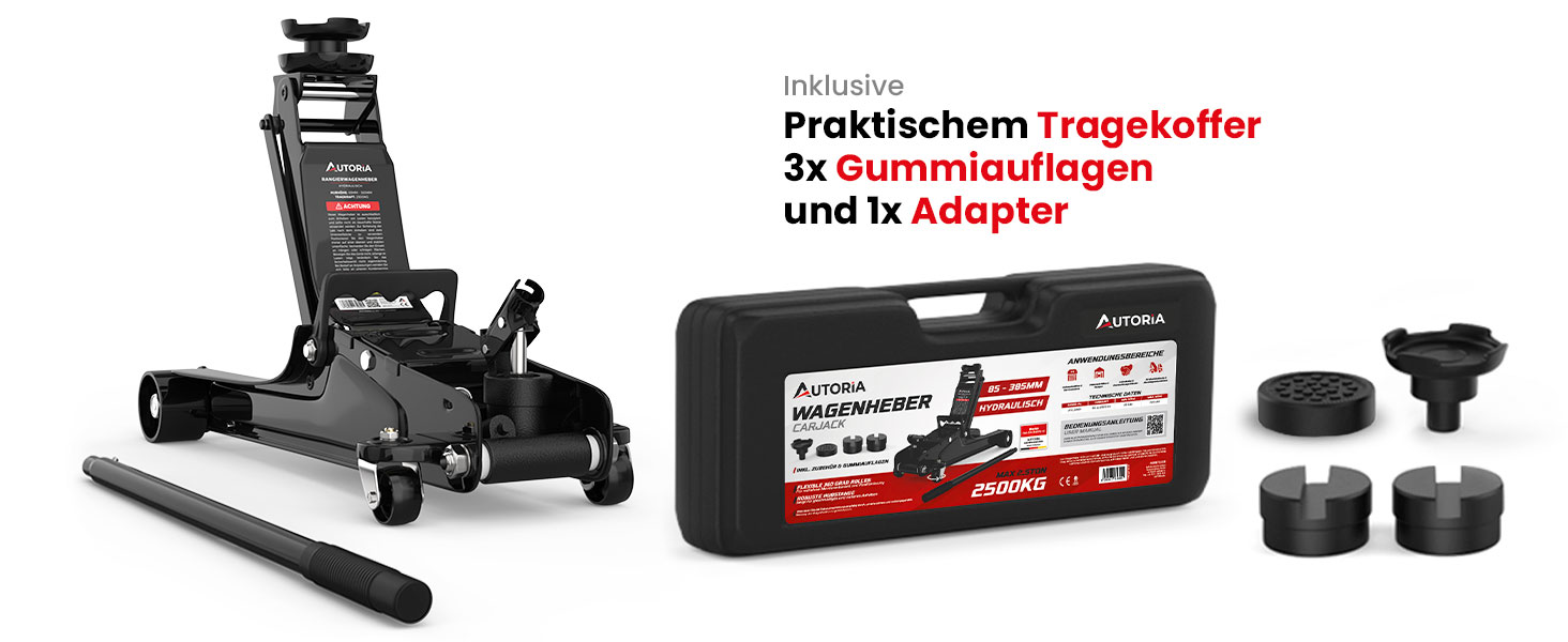 Гідравлічний домкрат Wagenheber 2.5T низькопрофільний з кейсом, 3 гумові накладки та адаптер для легкових авто та авто з заниженою підвіскою до 2500 кг, чорний