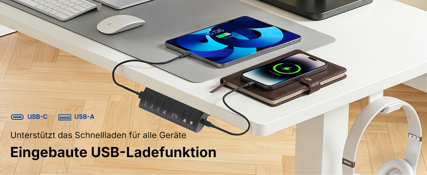 Регульований по висоті офісний стіл HUANUO 160x80 см з USB-C/USB-A, білий. Пам'ять на 4 положення, кабель-менеджмент