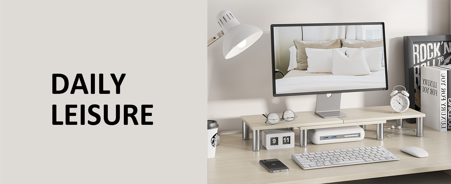 Підставка для двох моніторів AX Waber Dual Monitor Riser, регульована довжина та кут нахилу, дерев'яна підставка з місцем для зберігання, біла