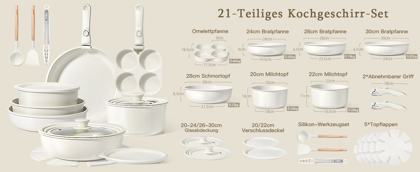 Набір посуду Gipfel 21 предмет: сковороди та каструлі з керамічним антипригарним покриттям, індукційні, для всіх плит, духовка, білий