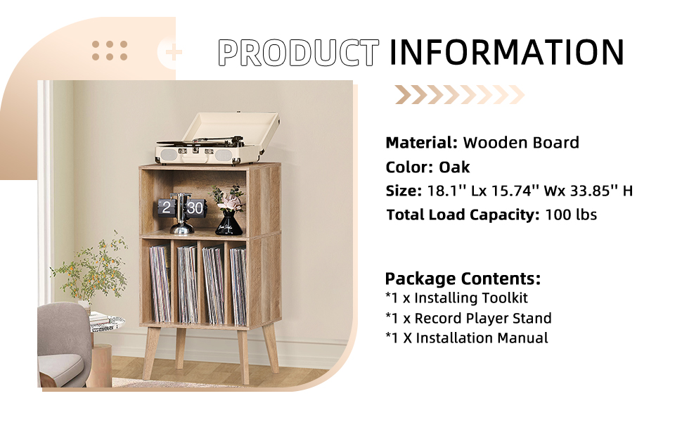 Підставка для програвача вінілу: місце для 160 платівок, органайзер для вінілових платівок, Mid-Century дизайн, дерев'яні ніжки, полиця для програвача, білий (дуб)