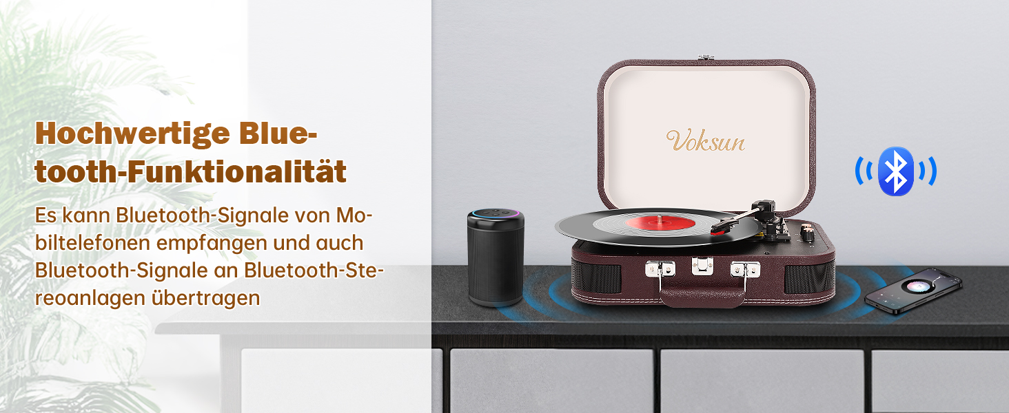 Вініловий програвач з динаміками, Bluetooth 5.4, USB, ретро-валізка, 33/45/78 об/хв, RCA/AUX, червоний