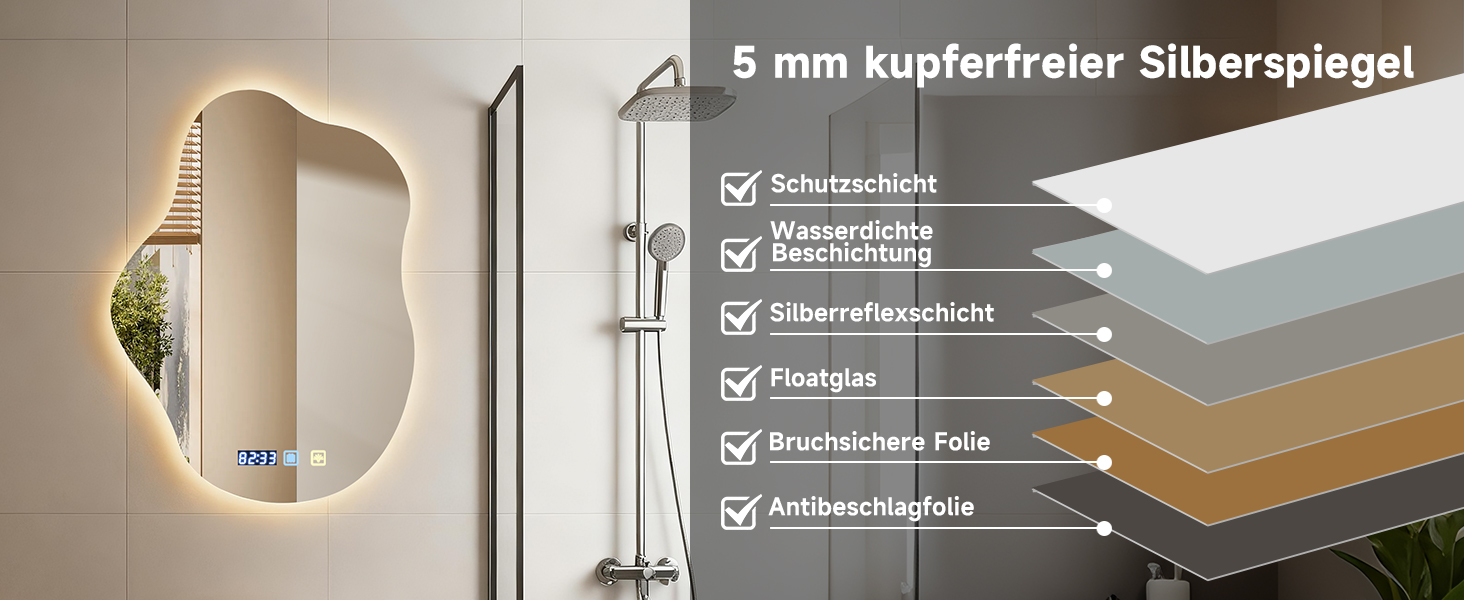 Дзеркало для ванної кімнати з підсвічуванням 50x70 см, з підігрівом, годинник, LED-підсвічування, сенсорна кнопка, функція пам'яті, 3 кольори світла, регулювання яскравості