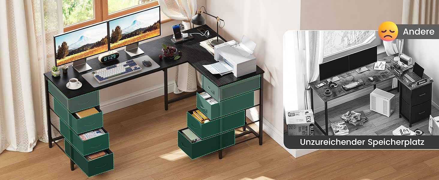 Кутовий стіл YOUDENOVA 150x100 см з шухлядами, розеткою та USB-зарядом, чорний. Стол L-подібний з місцем для зберігання