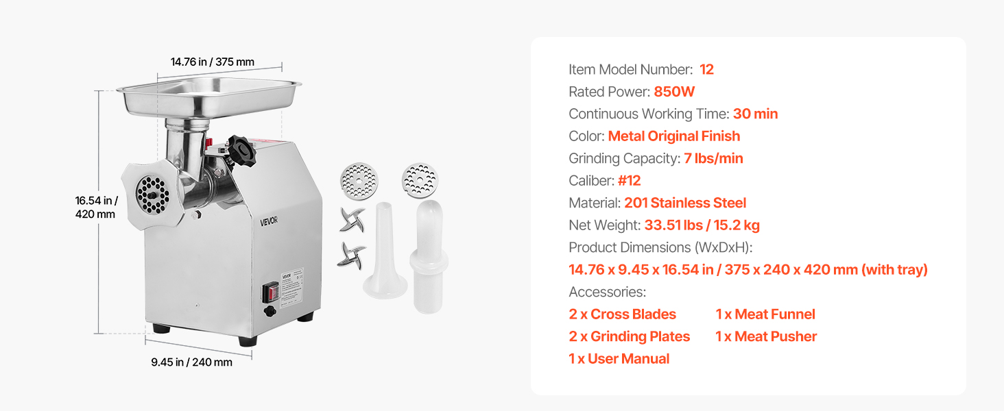 Електрична м'ясоподрібнювач VEVOR, 850 Вт, 3.2 кг/хв, з лезом та диском, для кухні та ресторану