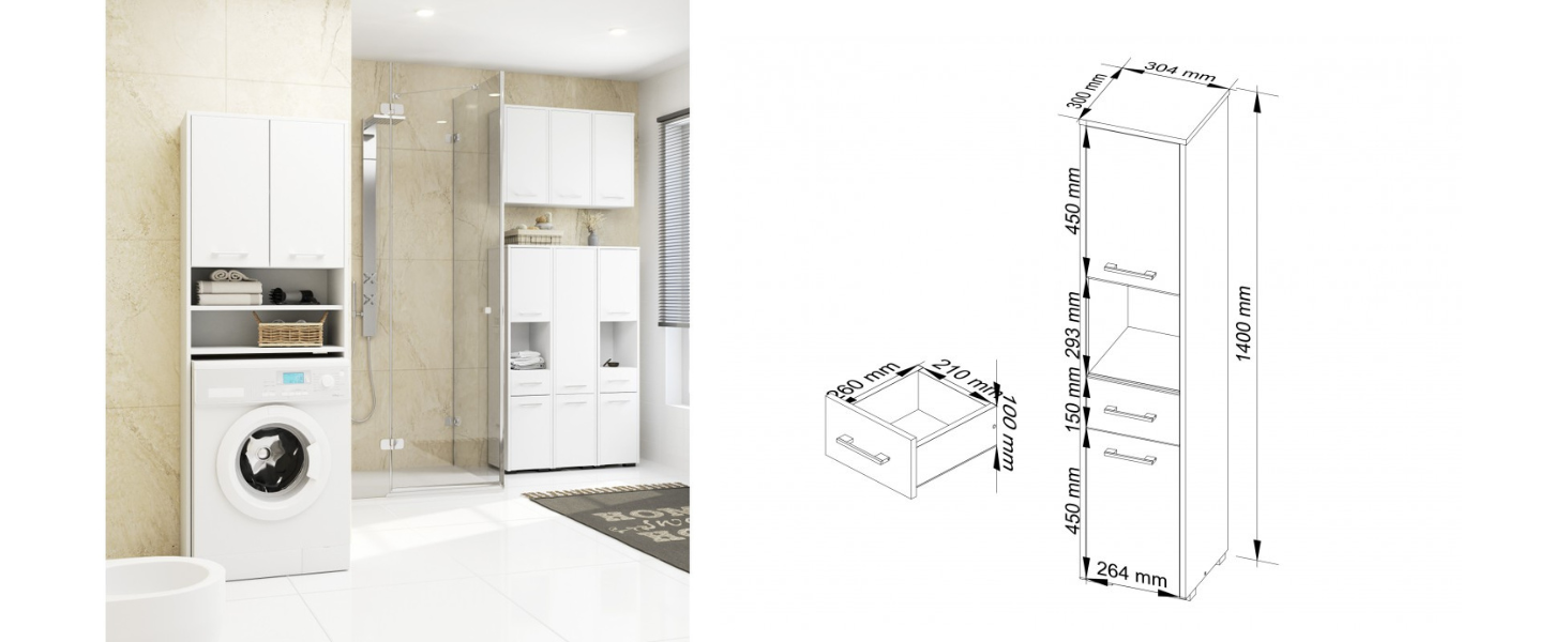 Пенал для ванної AKORD 2D1SZ1WN, W30xH140xD30 см, 25 кг, 2 двері, 1 ящик, 1 відкрите відділення, Sonoma Дуб/Білий