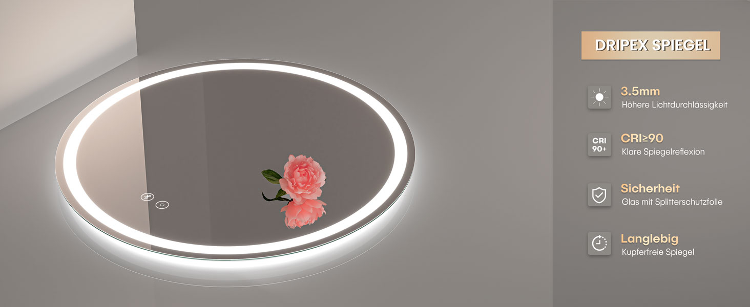 Дзеркало для ванної кімнати Dripex круглої форми з підсвічуванням LED, сенсорне керування, регулювання яскравості, 3 кольори світла, запобігання запотіванню, 50x50 см (Bluetooth, запобігання запотіванню, 3 кольори, регулювання яскравості)