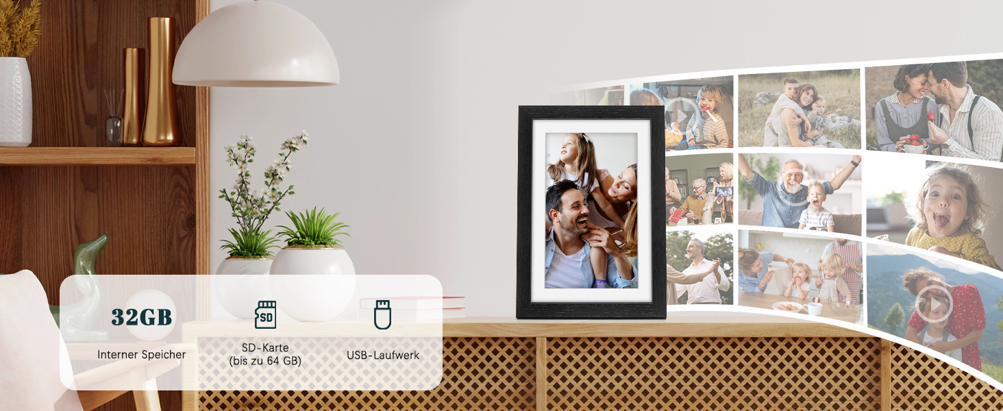 Frameo Цифровий фоторамка з Wi-Fi, 10.1 дюйма, горіх, 32GB, HD IPS сенсорний екран, відтворення фото/відео через додаток Frameo, подарунок для чоловіків та жінок