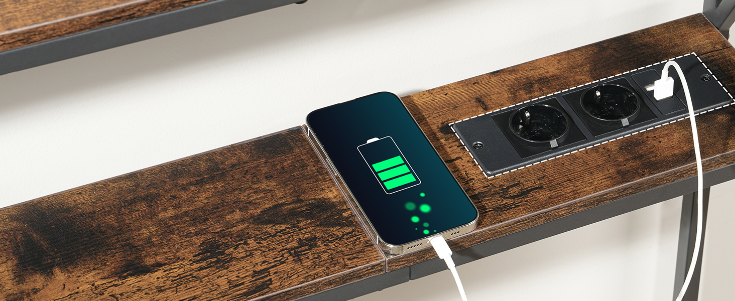 Консольний стіл MAHANCRIS 100 см, вузький приставний стіл з 2 розетками та 2 USB-портами, двоярусний стіл у передпокій, вітальню або спальню, колір вінтажний коричневий, ACTHR115UE01