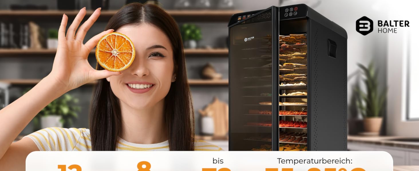 Електрична сушарка для фруктів та овочів Balter з нержавіючої сталі, 12 ярусів, 1100 Вт, 70 л об'єм, 12000 см² поверхня сушіння, BPA-free, 35–75 °C, таймер до 72 год